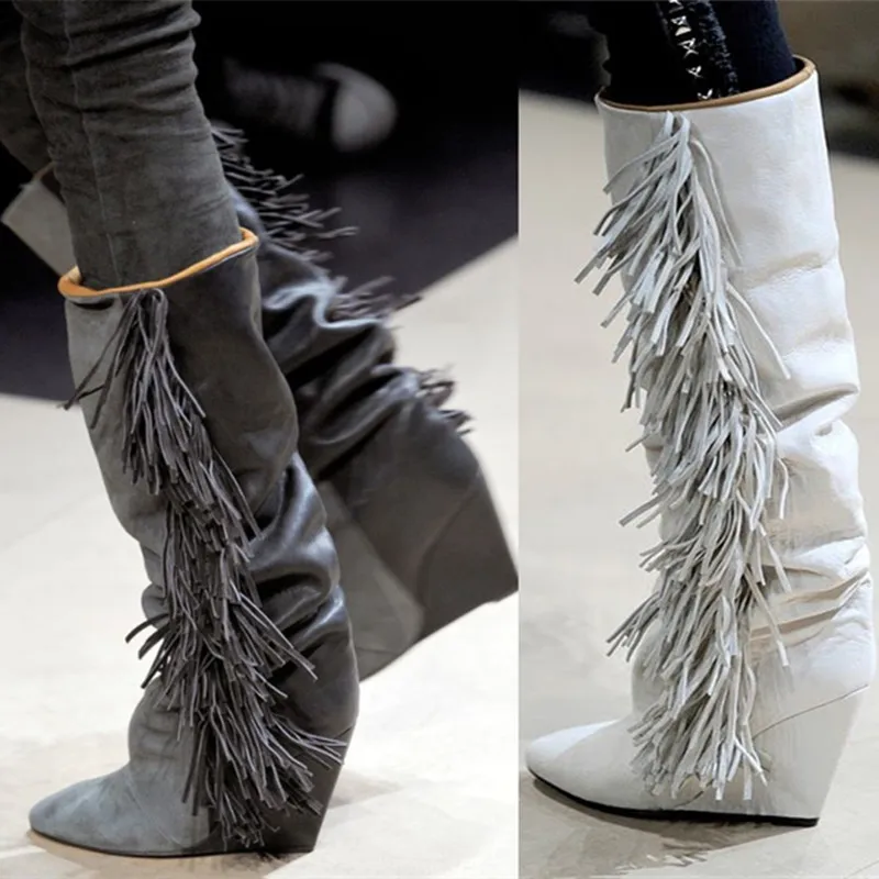 

2018 New Boots Knee High Suede Fringe Boots Black/White/Gray Platform Wedged Tall Boots New Brand Fashion Women Motorcycle Boots
