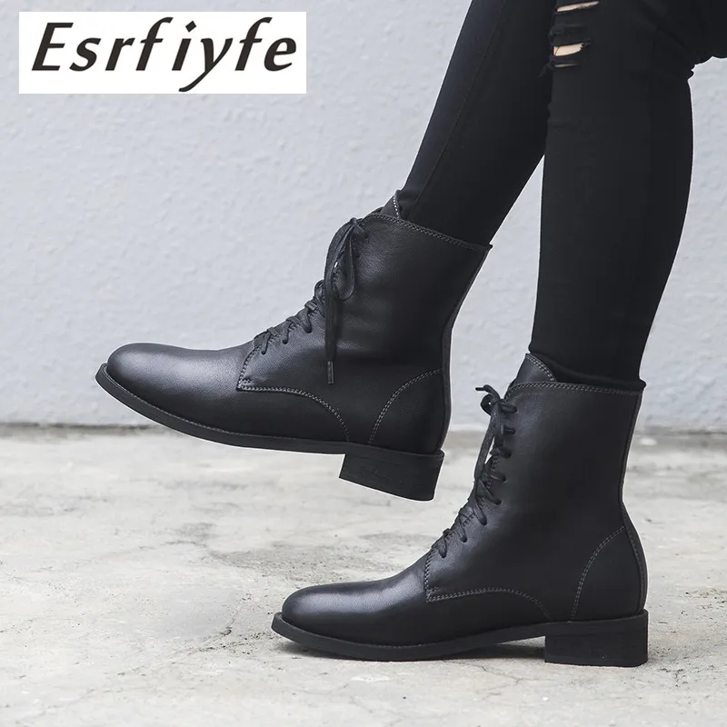 

ESRFIYFE 2018 New European Style Autumn Women Ankle Boots Lace Up Fashion Genuine Leather Shoes Woman Plus Size Boots for Women
