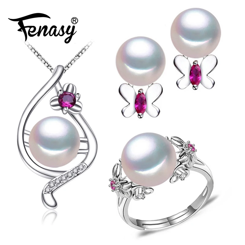 

FENASY Bohemian Ruby Flower Necklace Natural Pearl Jewelry Necklaces Pendants 925 Sterling Silver Chain Necklace For women