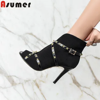 

ASUMER big size 34-43 fashion ankle boots rivet thin high heels shoes zip summer shoes suede leather boots women 2020 new