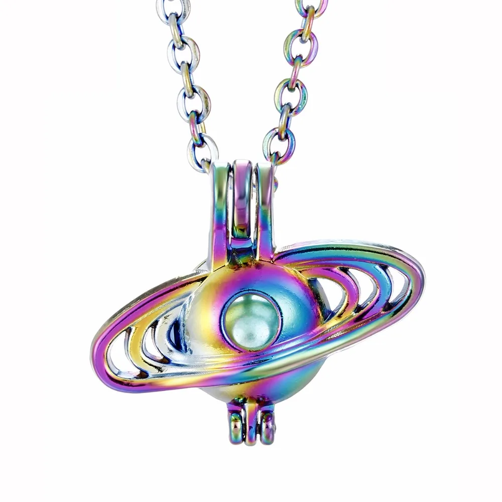 

1pc Rainbow Color Saturn Oyster Pearl Cage Necklace Beads Cage Essential Oil Diffuser Locket Pendant Necklace