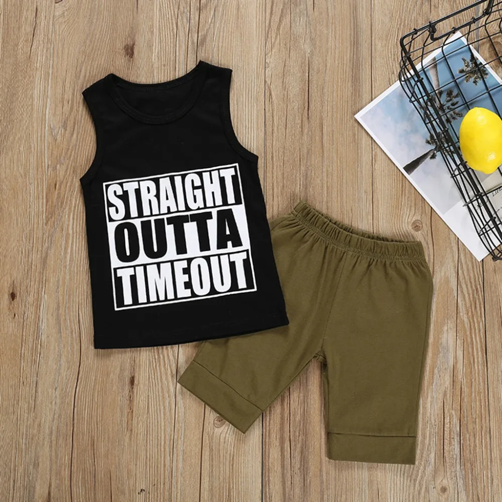 

Sleeveless Children Toddler Baby Boys O-Neck Letter Print Vest Sweatshirt Top+Solid Modis Pants Outfit Set Kids Clothes Boy 2019