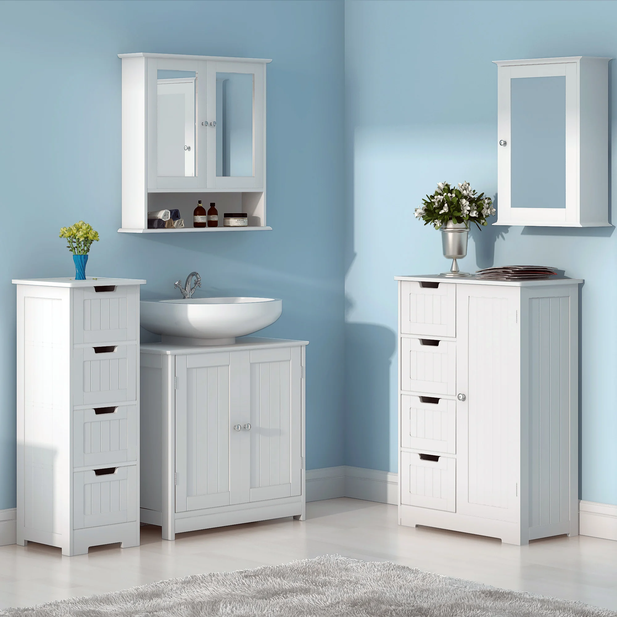 Panana مزدوجة باب مرآة خشبي خزانة حمام الأبيض خشبية الحائط تخزين وحدة رف