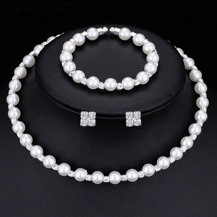 

Fashion Women Simulated Pearl Crystal Choker Necklace+Studs Earrings+Bracelet Wedding Bridal Jewelry Set CX17