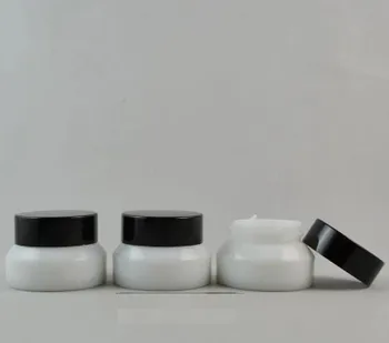 

2017 New 100pcs 15g Empty Upscale Refillable white Cosmetics Cream Glass Bottle Container Pot Case Jar with Black Lid