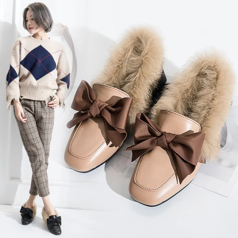 Новые женские лоферы с бантиком теплая зимняя обувь на меху Винтажная квадратным