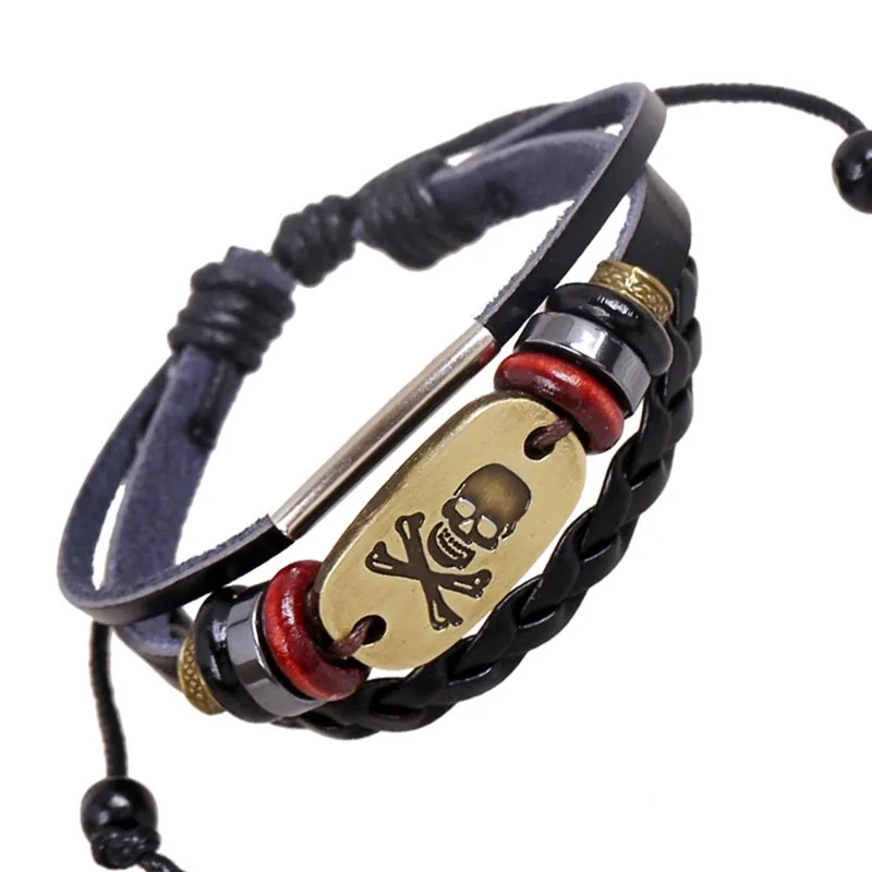

Pirate Style Skull Charm Beaded Bracelets Masculina Strand Braided Woven Beads Leather Wristband Women Party Jewelry Accessories