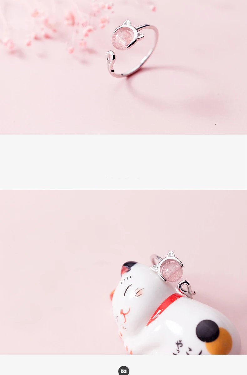 MloveAcc 925 пробы Серебряный Кот кольцо симпатичное Животное Клубника Кристалл палец кольца для женщин регулируемые обручальные ювелирные изделия