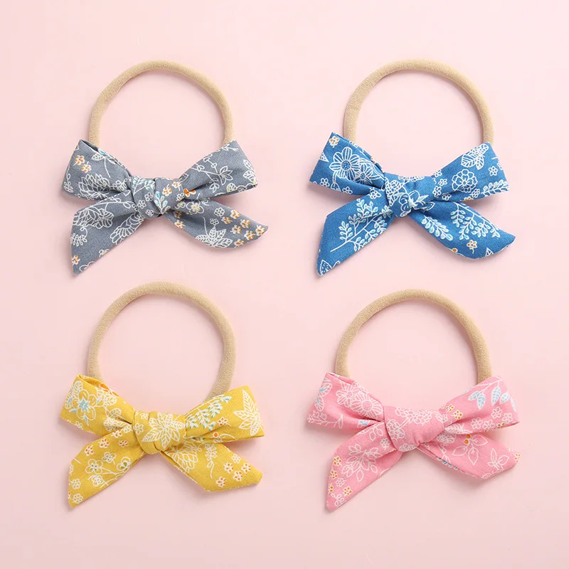 Linen Fabric Hair Bow Nylon Headbands , Hand Tied Fabric Bow Headbands, Print Girls Hair Accessories