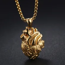 Сильный прохладный 316L нержавеющая сталь золотой цвет анатомическое Открытое сердце дизайн кулон ожерелье мужские женские ювелирные изделия коробка цепь подарок