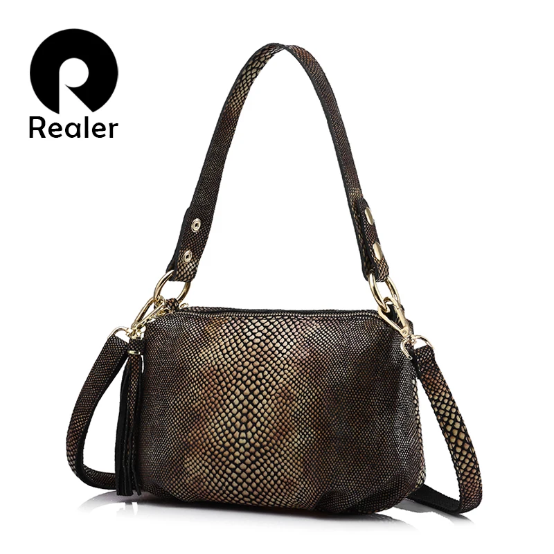Prix pour Realer marque bandoulière sacs pour femmes en cuir véritable épaule sac femelle or python motif en cuir sac à main avec le gland Prix pour Realer marque bandoulière sacs pour femmes en cuir véritable épaule sac femelle or python motif en cuir sac à main avec le gland