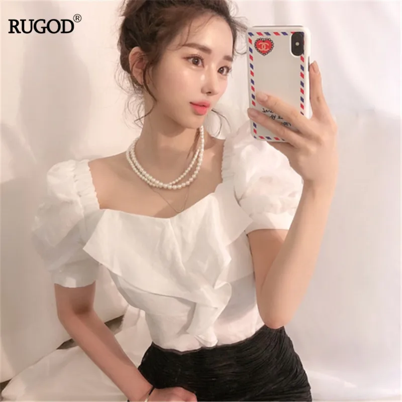 

RUGOD 2019 korea summer women solid square collar puff sleeve ruffled mujer blouse casual lady slim lady sweet gril