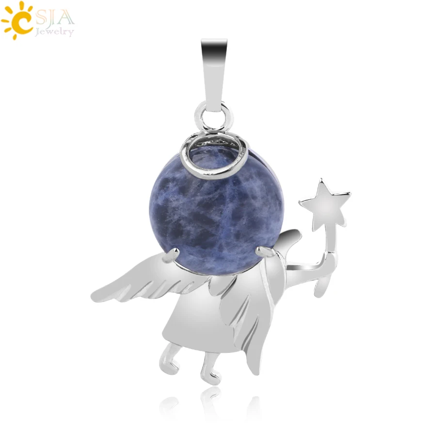 

CSJA New Natural Stone Angel Pendant Round Flat Quartz Beads Fairy Pendants for Necklace Women Girls Healing Charms Jewelry F871