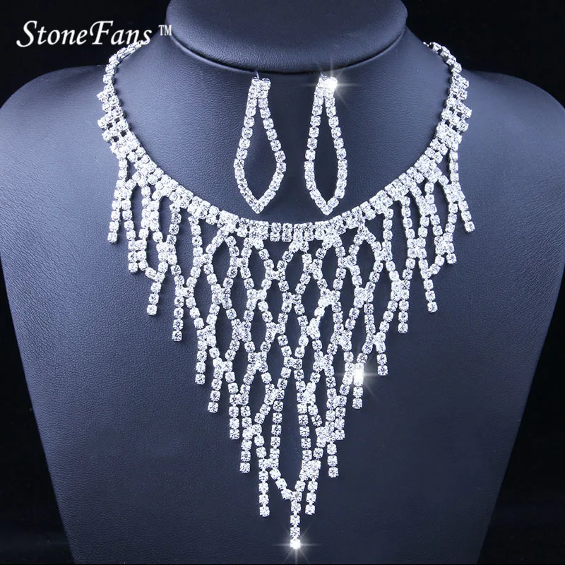 

StoneFans Tassel Crystal Wedding Bridal Jewelry Sets Silver Color Party Set Rhinestone Wedding Jewelry Necklace Sets for Women