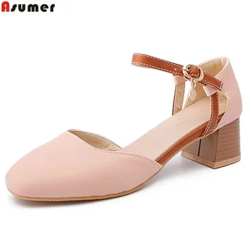 

ASUMER pink blue beige square toe buckle spring autumn shoes woman casual med heels shoes plus size 33-46 square heel