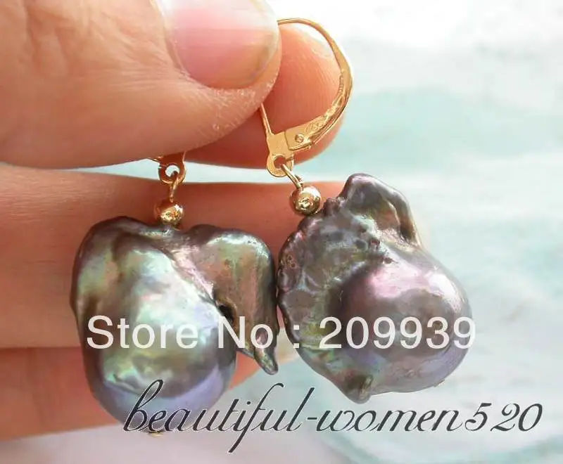 

hj 0054 HUGE 21mm black baroque keshi reborn pearl dangle earring 14k