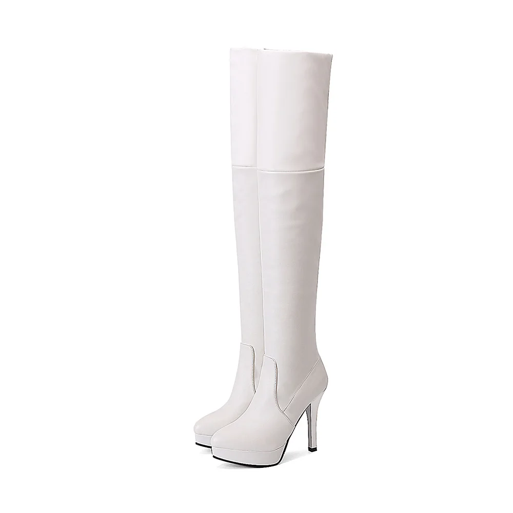 Фирменная новинка зимние пикантные Коричневый и белый цвет, высота до бедра, женские ботинки на платформе супер женские ботинки на высоком каблуке ED32 плюс большой размер 10 большие размеры 32-44 - Цвет: White PU