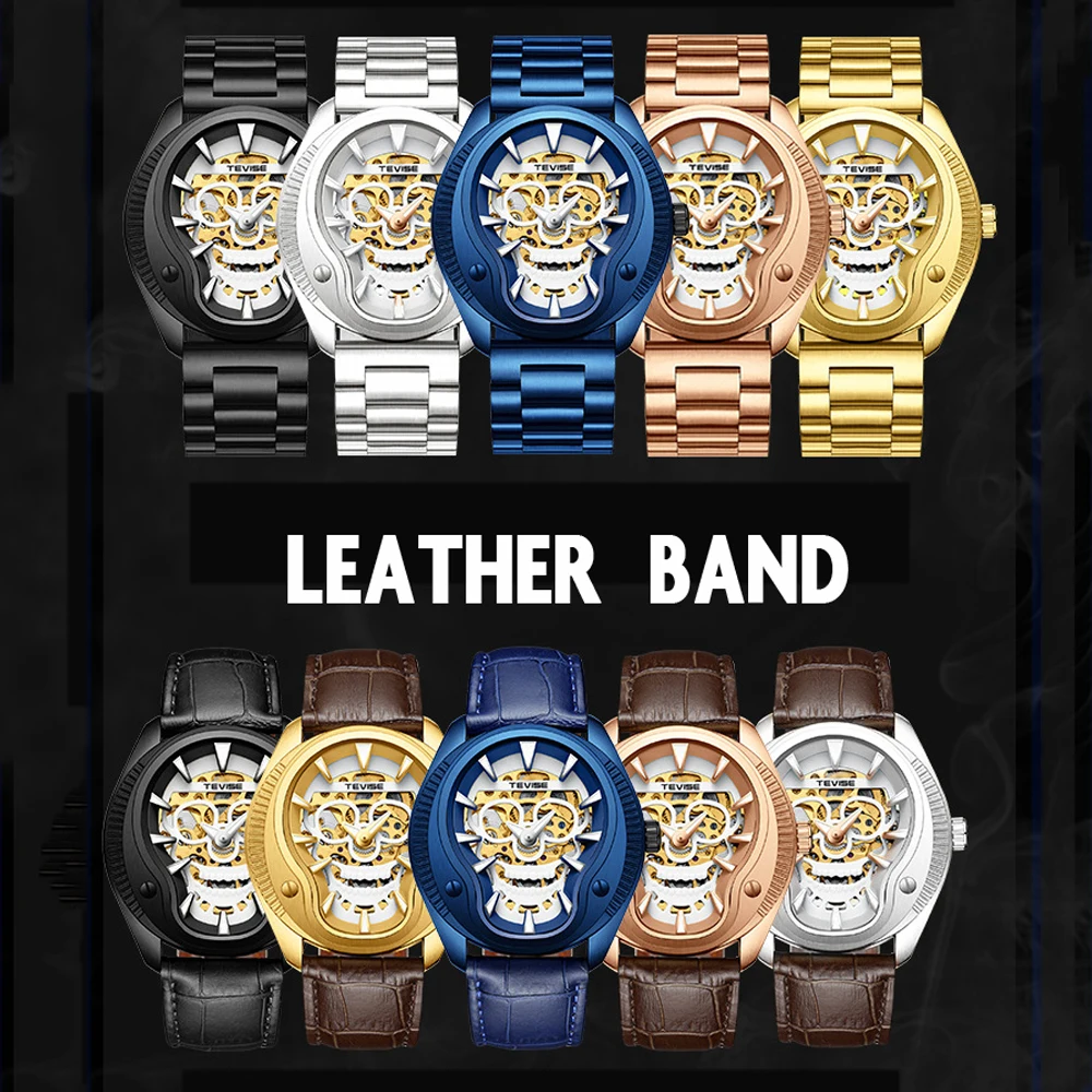 الرجال الساعات Tevise ساعات آلية الذهبي الجمجمة النحت للماء الذكور ساعة اليد للرجال Relogio Automatico masculino