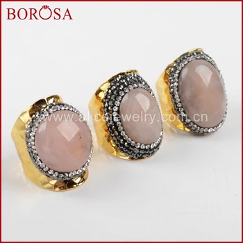 

BOROSA 5PCS Druzy Quartz Gold Band Ring Crystal Rhinestone Pave Pink Quartz Stone Cuff Ring Drusy Jewelry Party Ring JAB678