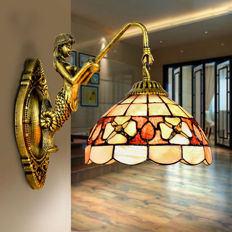 

Mediterranean LED Tiffanylampe,Tiffany Mermaid Wall Lamp AC 110/220V E27 16cm 20cm Shell Wall Lamps for Home Corridor Bedroom