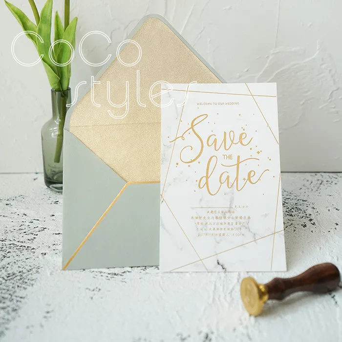  Cocostyles custom gold foiling shiny marble invitation card with shimmer liner envelope for star we - 32889464576