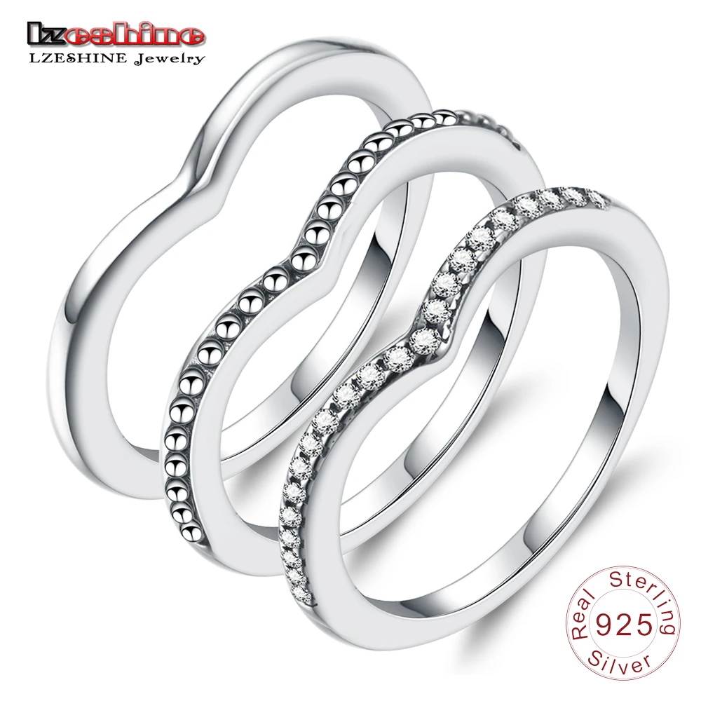 

LZESHINE 100% 925 Sterling Silver Shimmering Wish Rings With Clear CZ Stackable Finger Rings for Women Silver Charming Jewelry