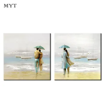 

Handmade 2 pcs Couple by the seaside rainy day Landscape Oil Painting on Canvas Art Poster Wall Picture Living Room home decor