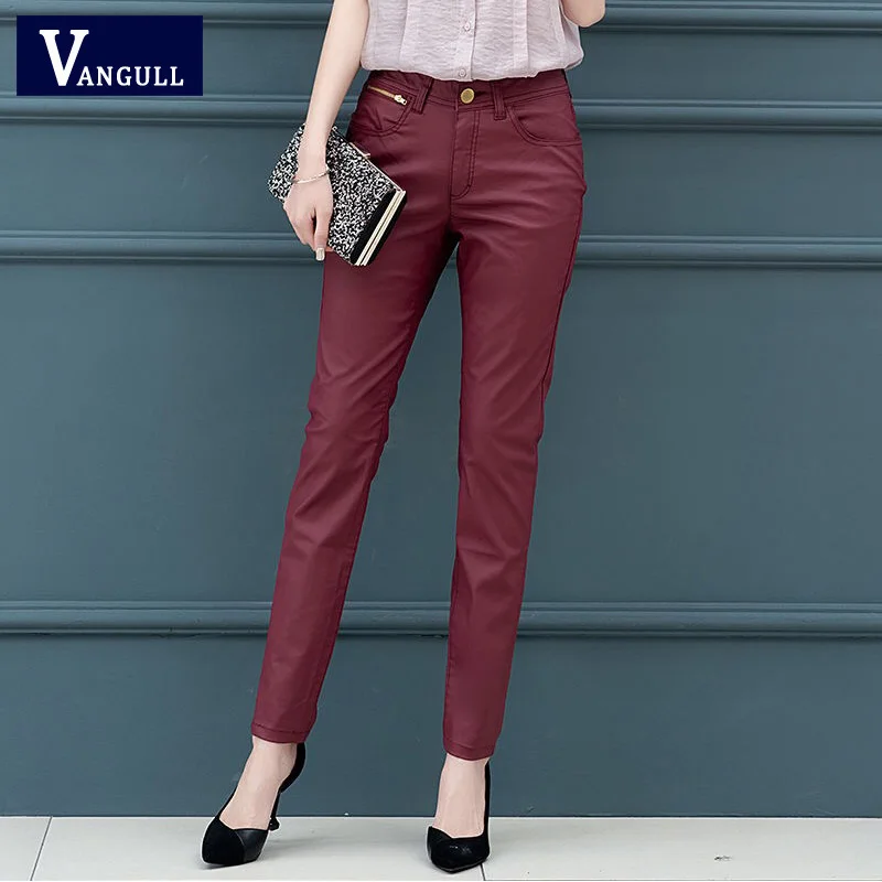 Vangull новые обтягивающие брюки из искусственной кожи для женщин с высокой талией тонкая искусственная кожа брюки до щиколотки узкие брюки осенние винно-красные