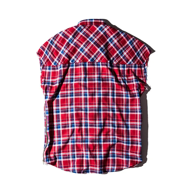 Клетчатые мужские рубашки без рукавов летняя уличная одежда с боковой молнией Flennel хип-хоп Рубашки повседневные рубашки для мужчин одежда Джастина Бибера