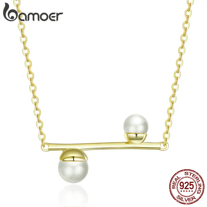 

bamoer Geometric Pearl Minimalist Choker Necklace Korean Style Gold Color Genuine 925 Sterling Silver Fashion Jewelry BSN101