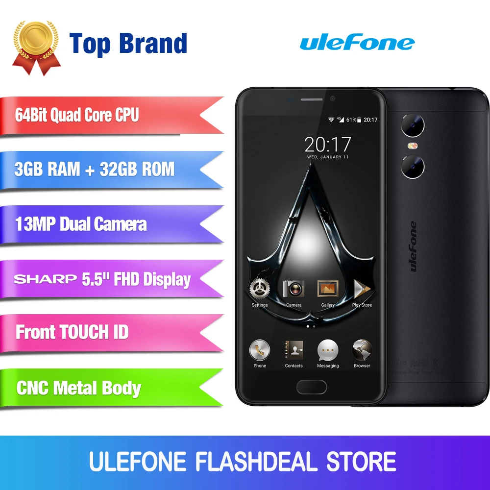 Ulefone Gemini Оригинальный телефон Двойная камера 13.0MP+5.0MP Мобильный 5.5 дюймов FHD MTK6737T Quad