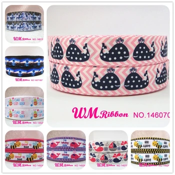 

Q&N ribbon 7/8inch 22mm whale on pink chevron webbing printed grosgrain ribbon 50yards/roll for headband hair tie