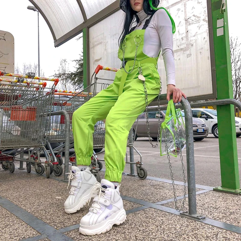 HEYounGIRL Harajuku женские сапоги в Корейском стиле Брюки на лямках Неоновые зеленые