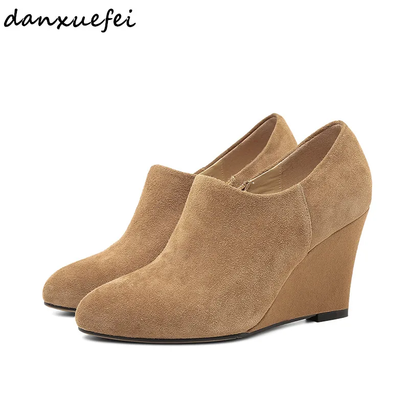 Women's wedge pumps genuine suede leather round toe high heels high