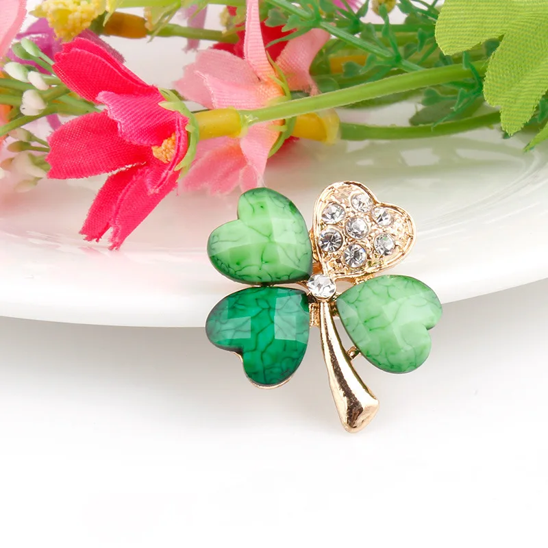 

2019 Light Green 4 Leaf Clover Crystal Irish Shamrock Brooch Lapel Collar Pins for Men or Women