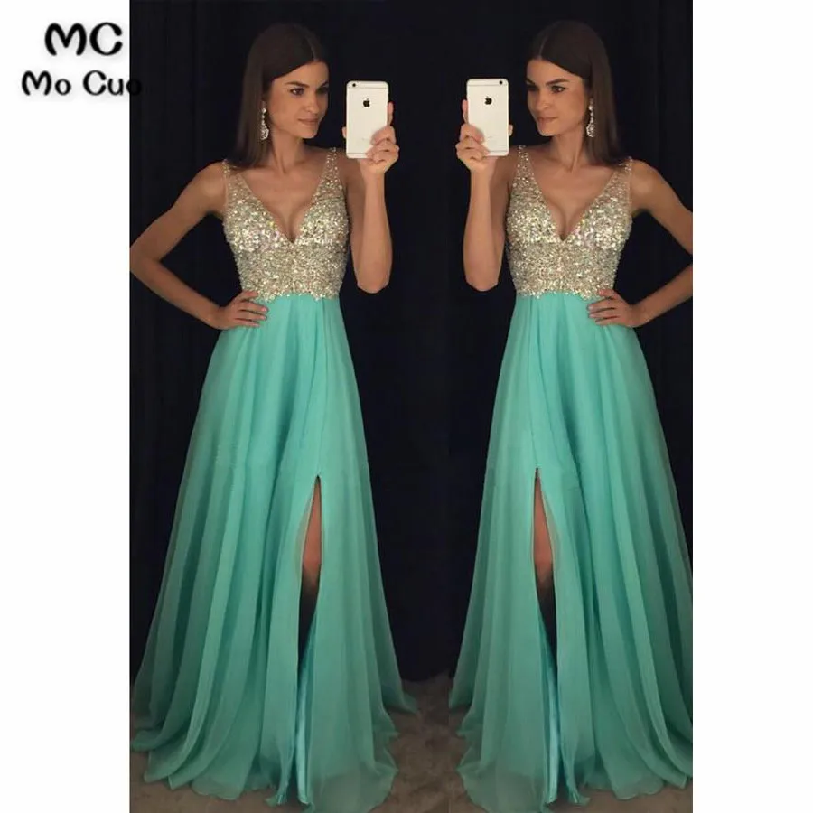 2018 блестящие вечерние платья Длинные с кристаллами без рукавов v-образный вырез