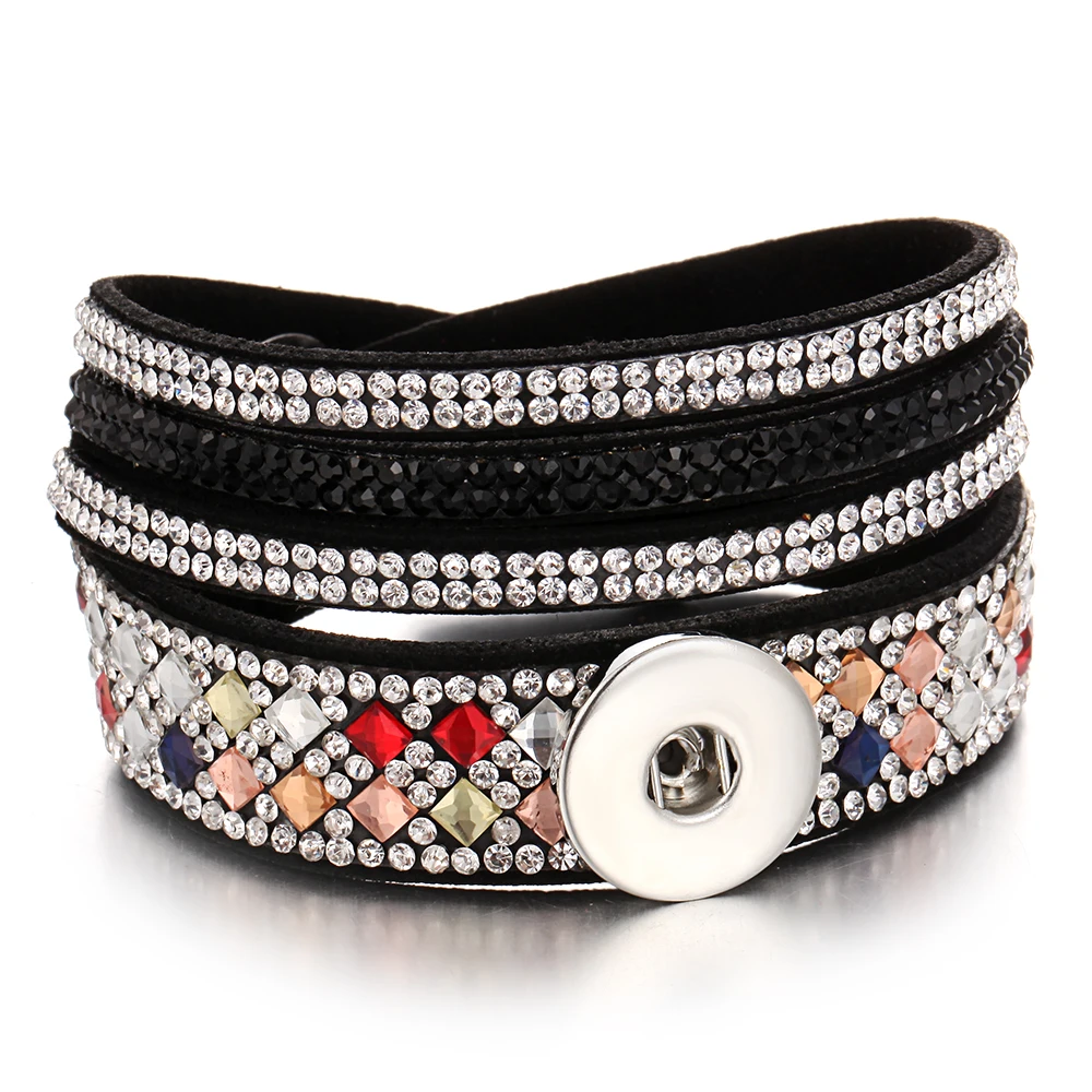 High Quality Leather Snap Button Bracelet Wrap Crystal Leather Bracelet