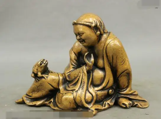

S4162 7" Folk Chinese Pure Bronze LiuHai Golden Toad Hoptoad Buddha Statue Sculpture