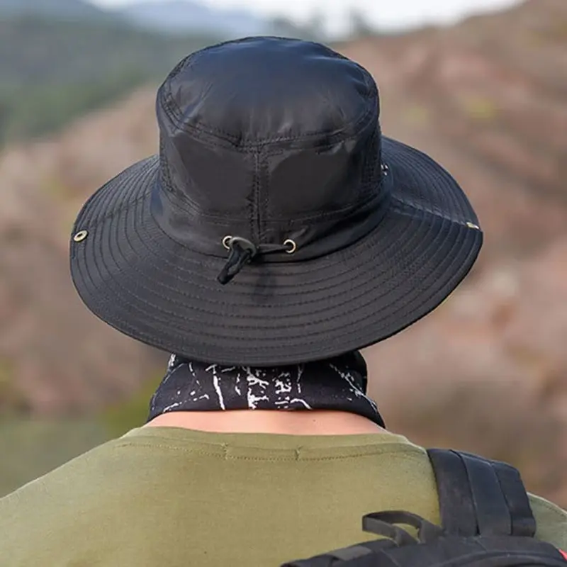 Men Breathable Mesh Wide Brim Fishing Hat Solid Color Sun Protection Travel Hiking Adjustable Cowboy Bucket Cap With Chin Strap
