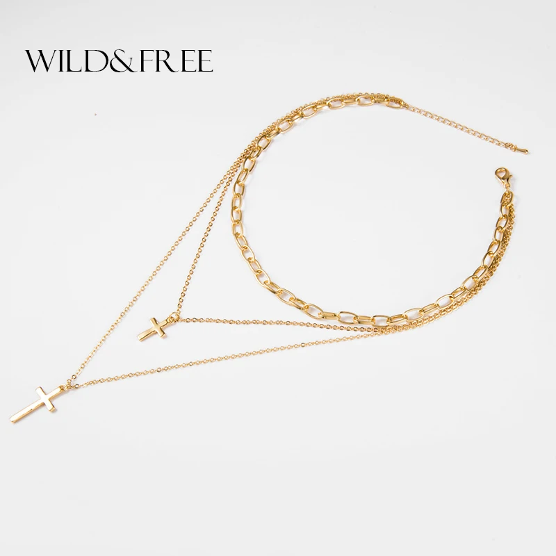 Дикий и свободный золотой цвет богемы двойной крест многослойное ожерелье с цепочкой, чокер подвеска Цепочки и ожерелья рождественские подарки для Для женщин ювелирные изделия