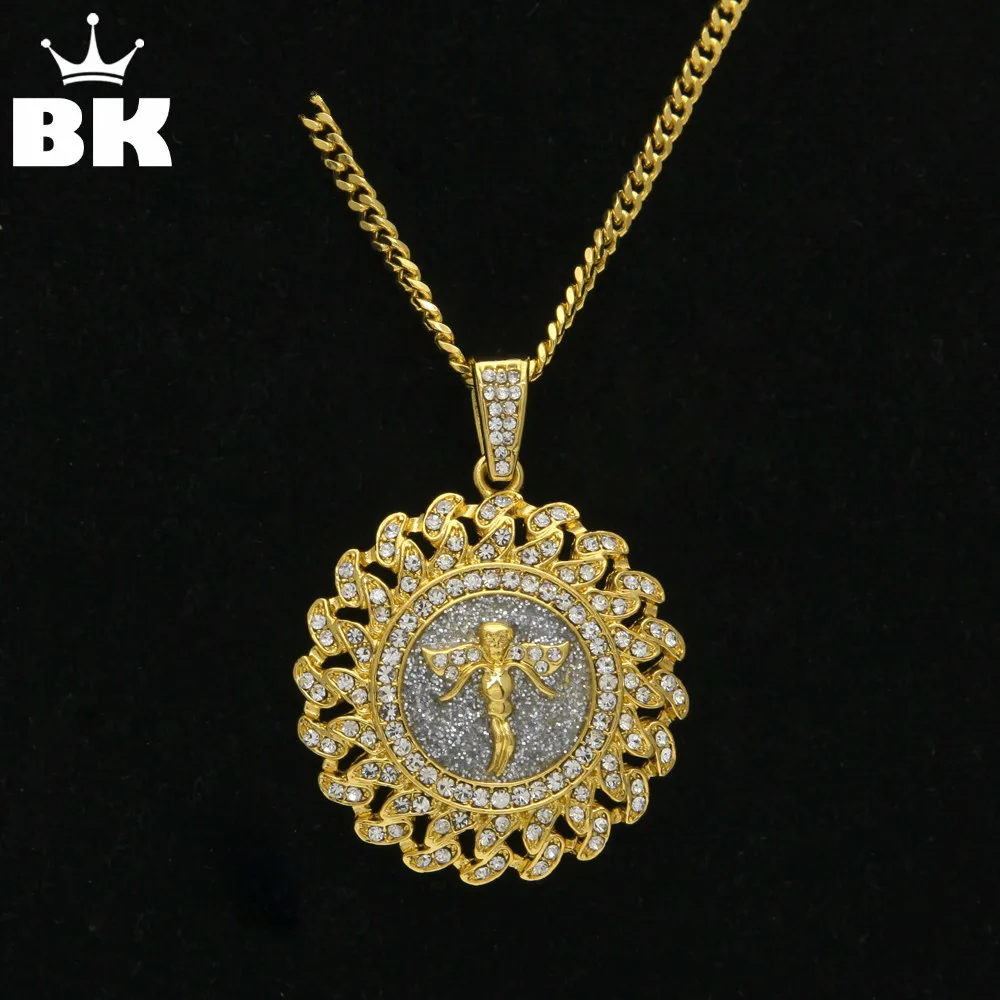 Hip Hop Gold Tone Angel Iced Out Rhinestone Pendant Necklace Round