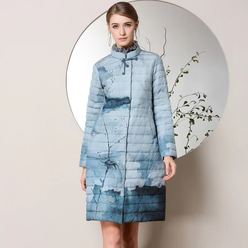 2017 Winter elegant printed long Down Jacket Coat Vintage Chinese style