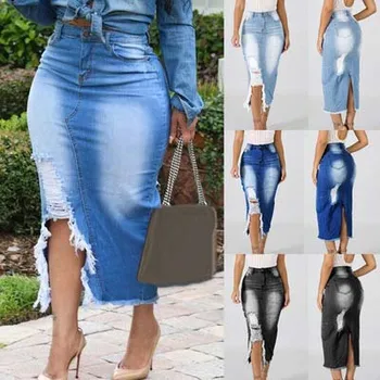 

Women Summer Skirts High Waist Washed Denim Jeans Skirt Ladies Bandage Split Long Skirt Plus Size