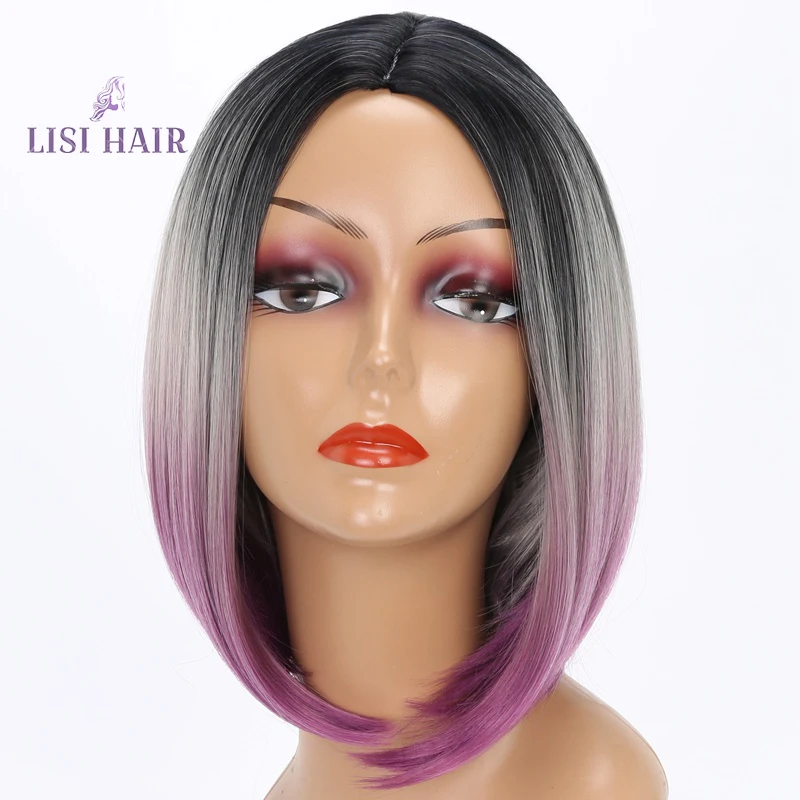 

LISI HAIR Short Wigs Synthetic Hair Wigs For Woman Black Bob Straight Hair Wig Gray Purple Ombre Heat Resistant 10 Inch