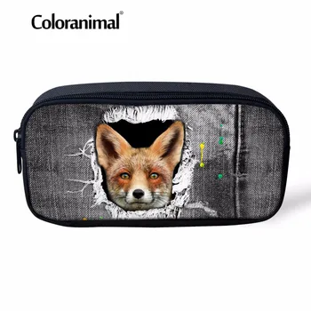 

Coloranimal Cute Puppy Fox Women Mini Cosmetic Cases Children School Pencil Case 3D Gray Denim Animal Print Kids Pencil Pouch