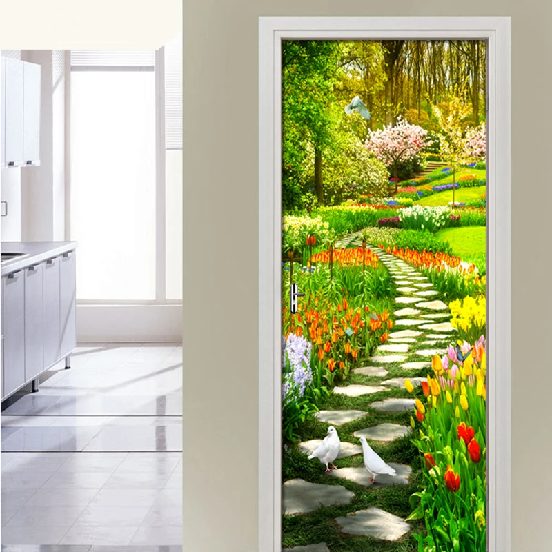 

Garden Path Landscape 3D Self-adhesive Waterproof Door Sticker Mural Decals Living Room Bedroom Door Decor Detachable Wallpaper