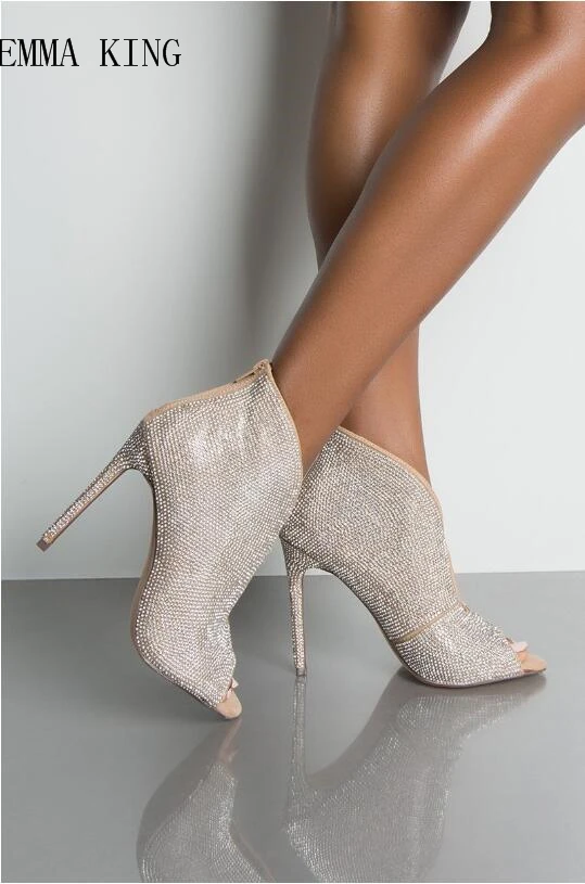 

EMMA KING Autumn Summer Ankle Boots For Women Stilettos Sexy Crystal Covered Peep Toe High Heels plus size 35-43 party shoes