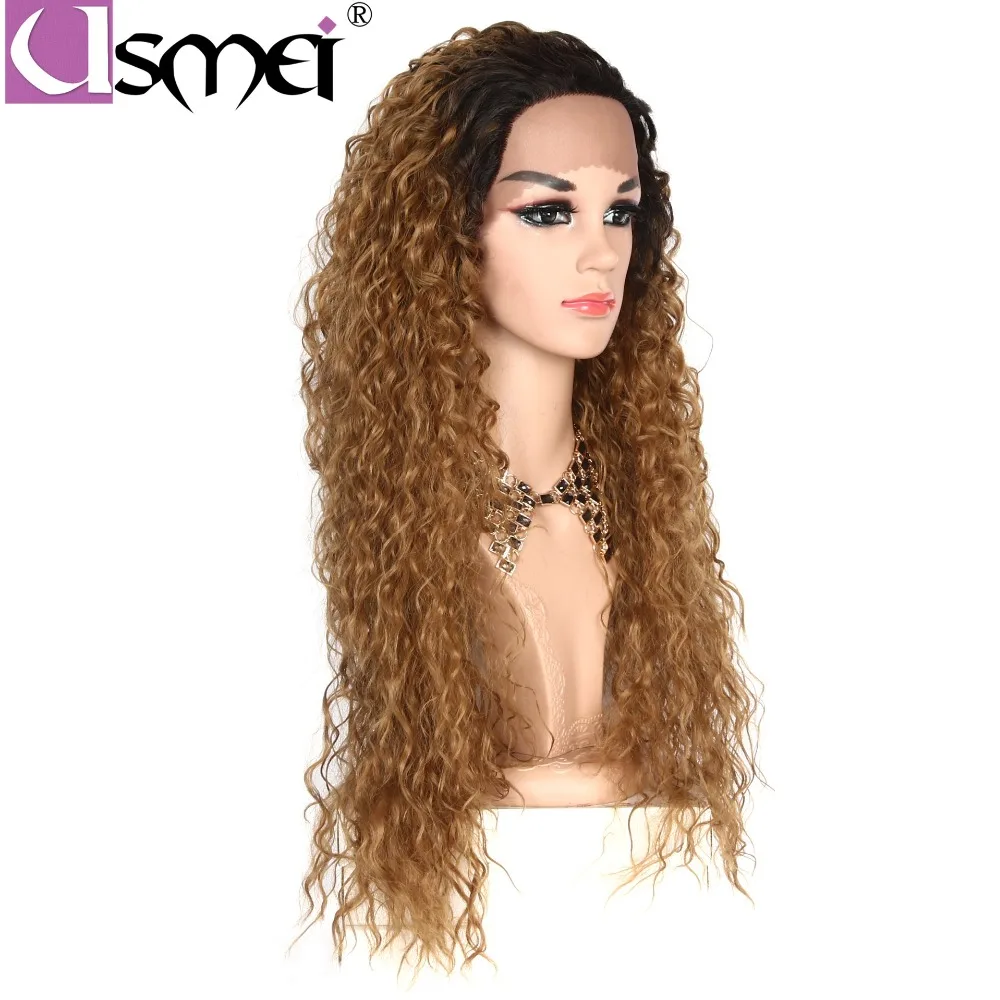 USMEI Afro Kinky Вьющиеся 130% плотность Длинные Синтетические волосы на кружеве парик для афро-американских Для женщин парик черный, чтобы Золотой