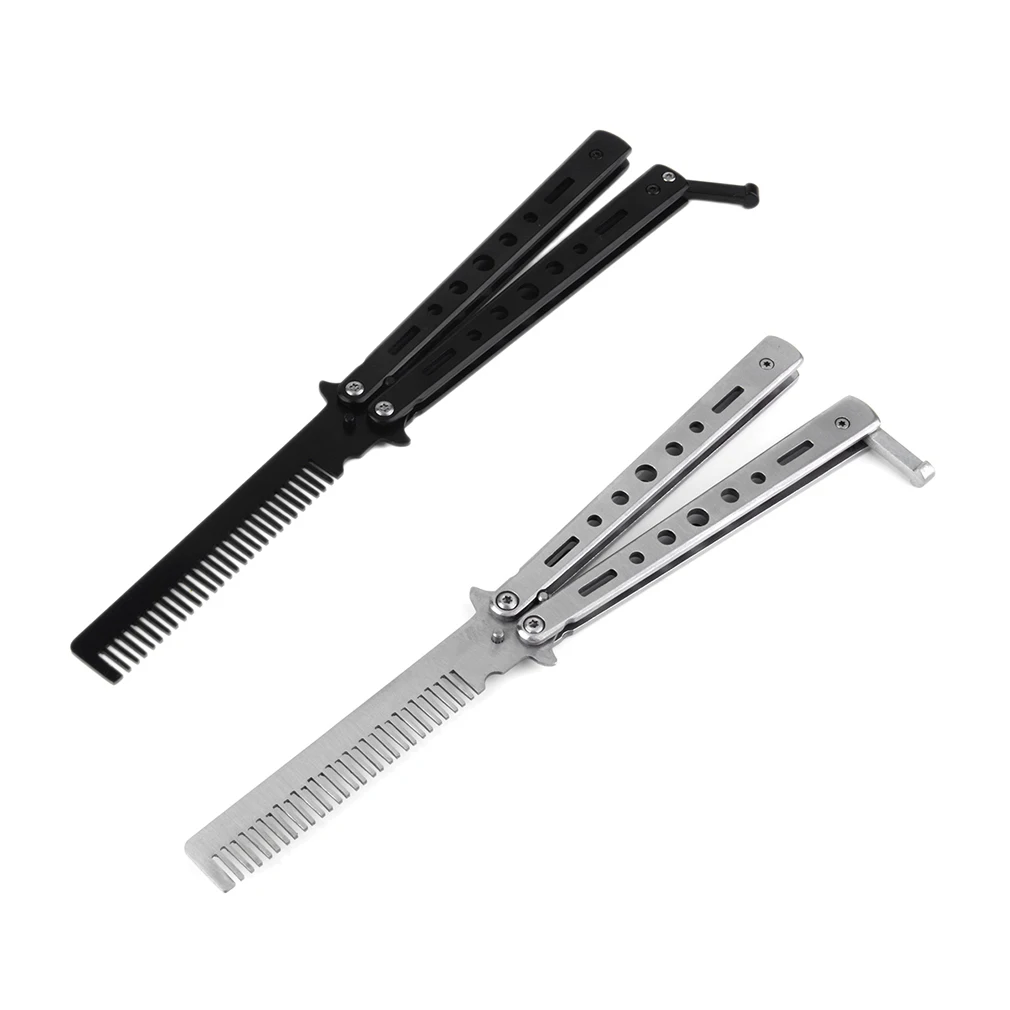 

Pro Salon Stainless Steel Folding Practice Training Butterfly Style Knife Comb Styling Tools Black/Silver Cool