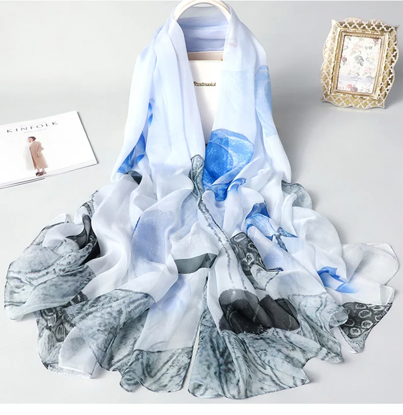 Новинка 2019, винтажный шелковый шарф с цветочным принтом, женские 100% шелковые шали и обертывания, женские зимние шейные шарфы из пашмины для